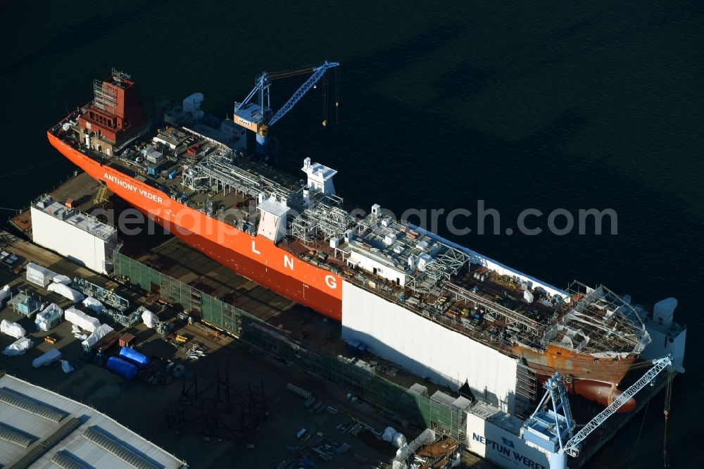 Rostock from above - Freighter - tanker LNG for gas of the Dutch shipping company Anthony Veder in the Neptune shipyard in Rostock in the federal state Mecklenburg-West Pomerania, Germany