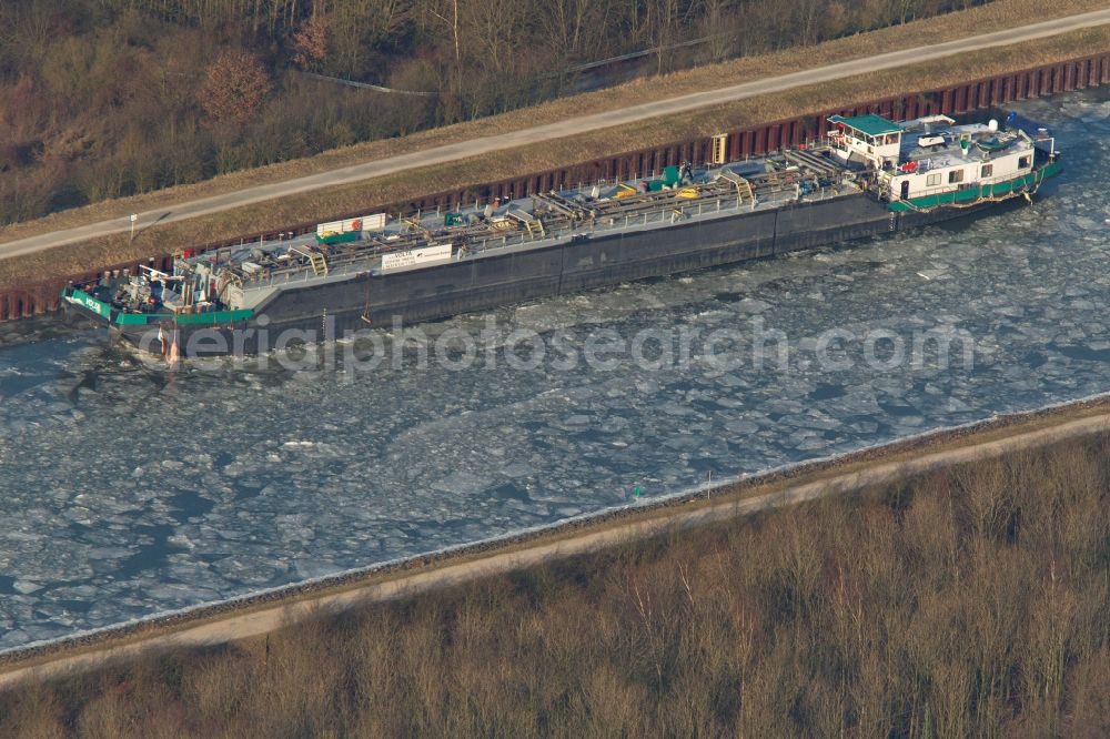 Marl from above - Tanker on the frozen waterway of Wesel-date channel at Marl in North Rhine-Westphalia