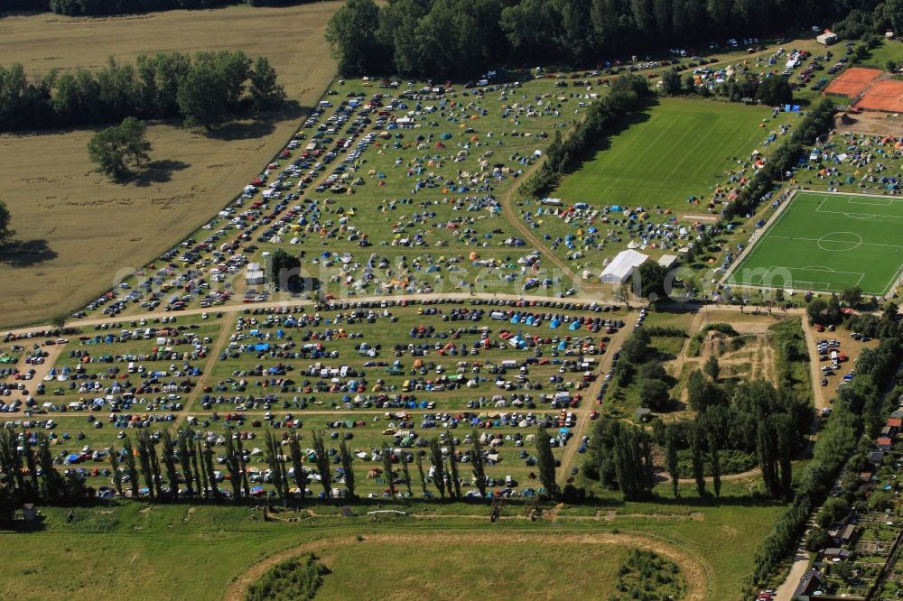 Rudolstadt from above - View at the campsite of the dance and folk festival TFF in Rudolstadt in the state of Thuringia. The TFF takes place once a year in July