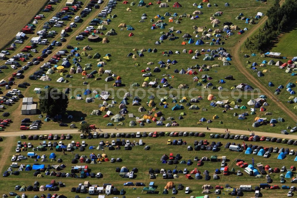 Rudolstadt from the bird's eye view: View at the campsite of the dance and folk festival TFF in Rudolstadt in the state of Thuringia. The TFF takes place once a year in July