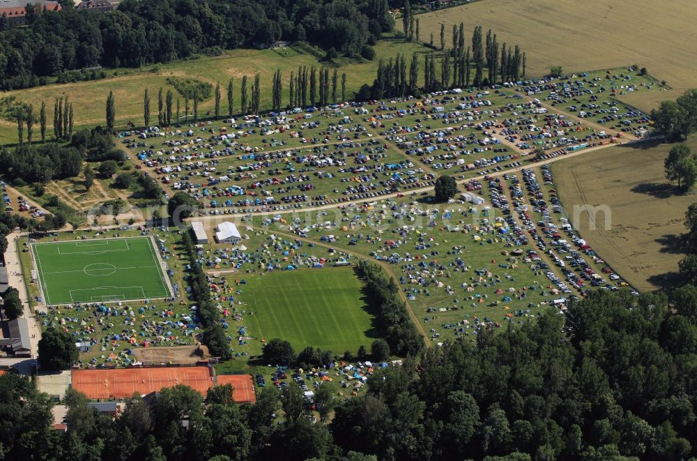 Aerial photograph Rudolstadt - View at the campsite of the dance and folk festival TFF in Rudolstadt in the state of Thuringia. The TFF takes place once a year in July and gets a focus