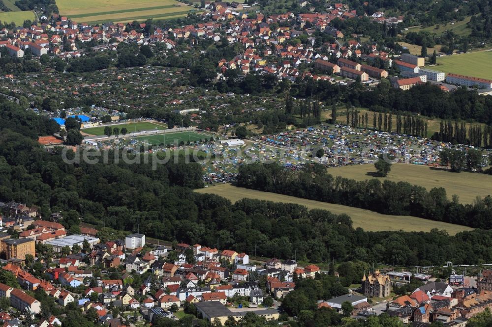 Rudolstadt from the bird's eye view: View at the campsite of the dance and folk festival TFF, a sports field and the open-air bath Rudolstadt in Rudolstadt in the state of Thuringia. The TFF takes place once a year in July