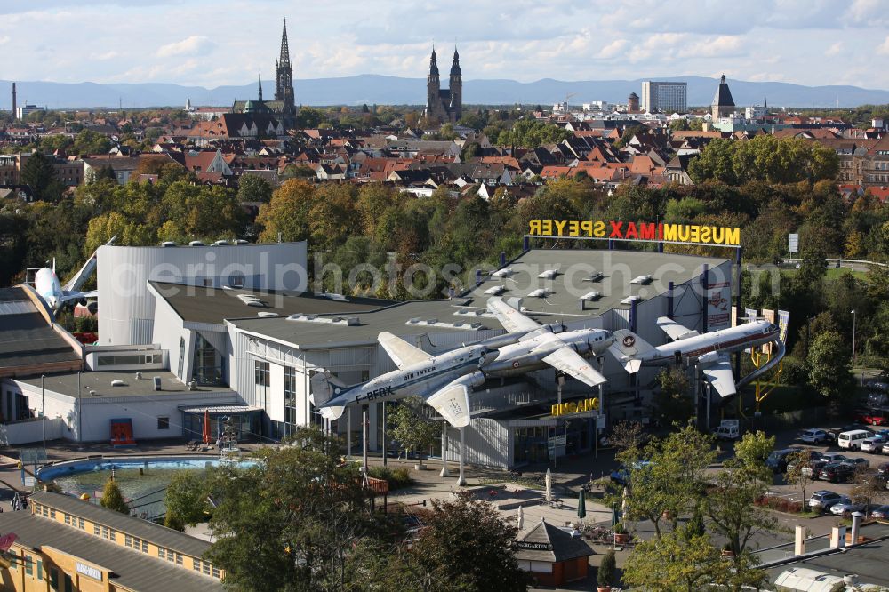 Aerial image Speyer - Outdoor exhibition of airplanes and ships in the Technical Museum Speyer on street Am Technik Museum in Speyer in the state Rhineland-Palatinate, Germany