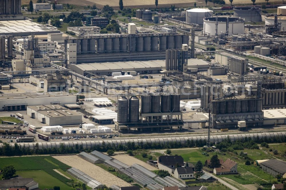 Schwechat from above - Technical facilities of Borealis and OMV refinery in the industrial area in Schwechat in Lower Austria, Austria