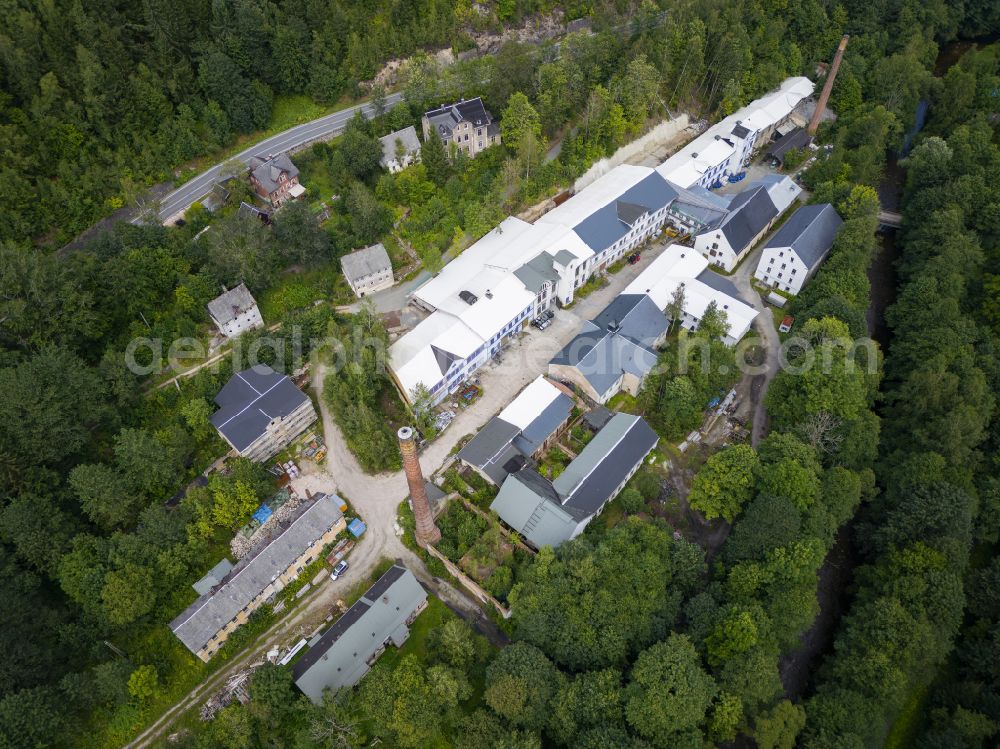 Zschorlau from above - Factory premises and technical systems and infrastructure in the disused industrial monument Foerderverein Schindlers Blaufarbenwerk on street Schindlerswerk in the district Albernau in Zschorlau in the state Saxony, Germany