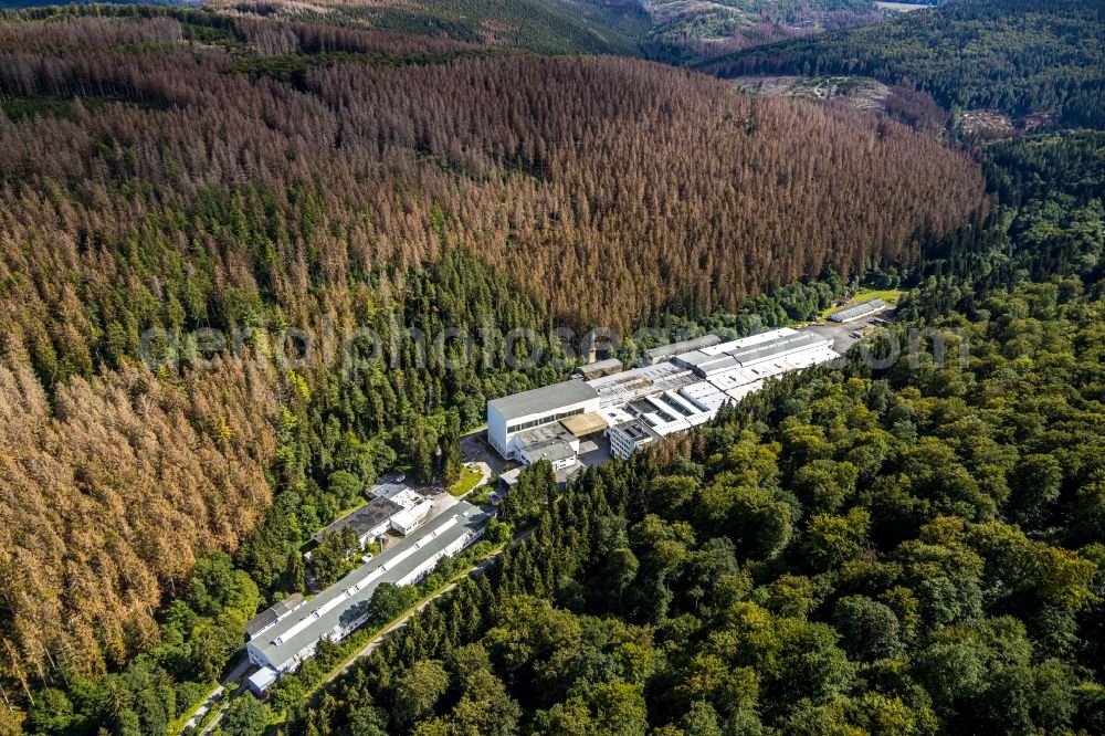 Brilon from above - Technical facilities in the industrial area An of Bremecke in Brilon in the state North Rhine-Westphalia, Germany