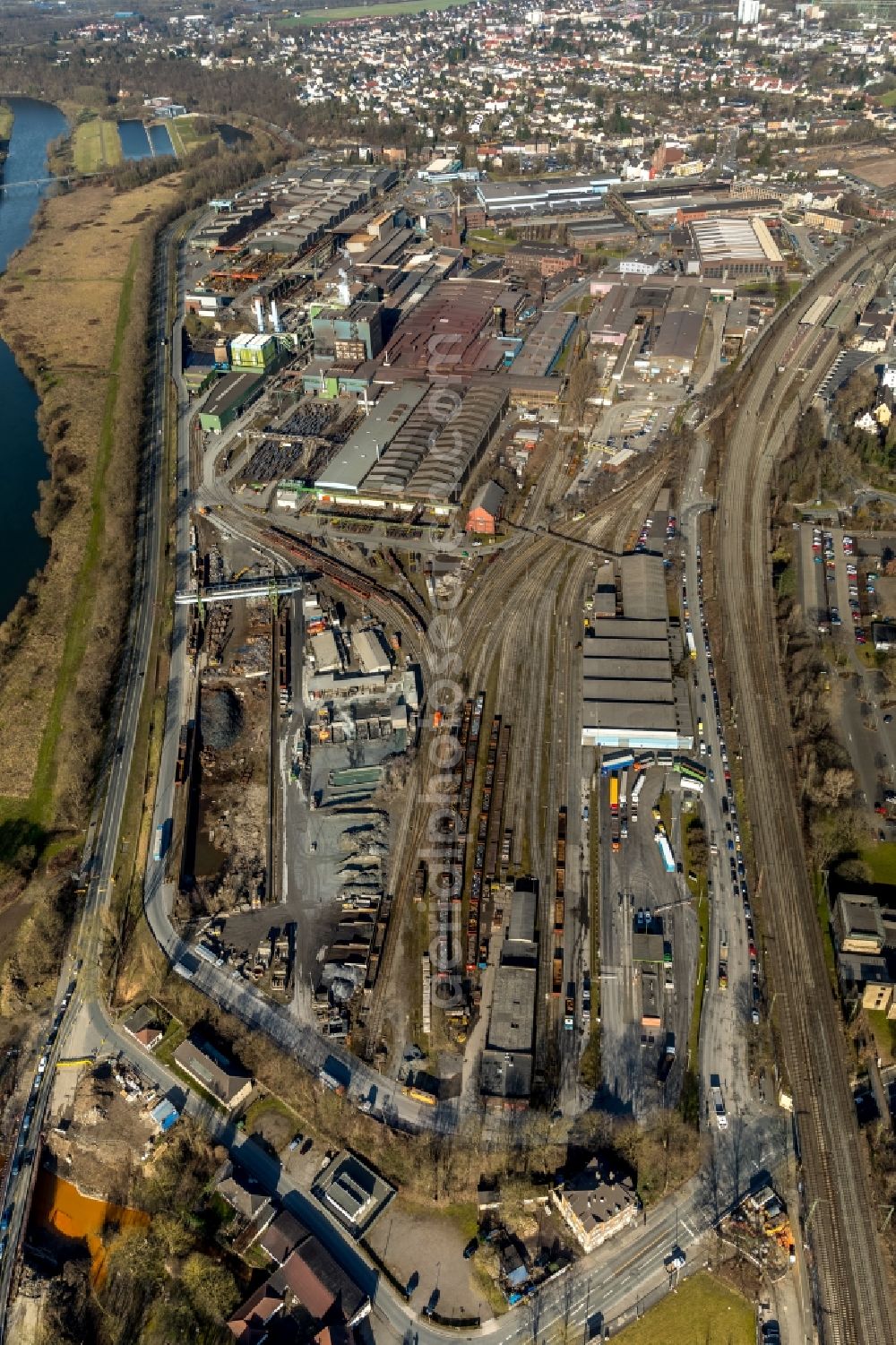 Witten from above - Technical equipment and production facilities of the steelworks Deutsche Edelstahlwerke in Witten in the state North Rhine-Westphalia, Germany