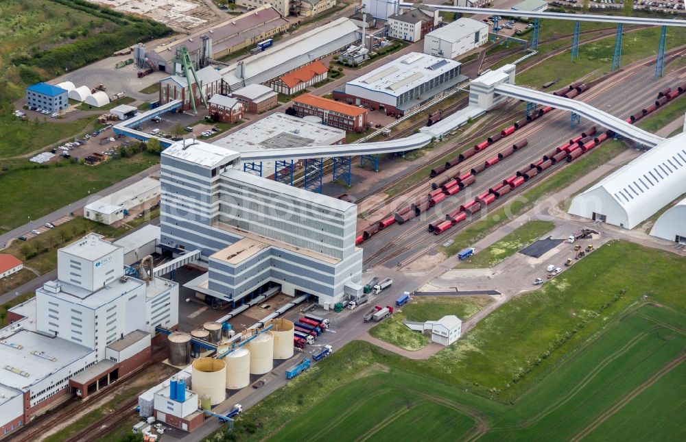 Bernburg (Saale) from above - Technical facilities in the industrial area of ESCO Bernburger Salzwerke in Bernburg (Saale) in the state Saxony-Anhalt, Germany