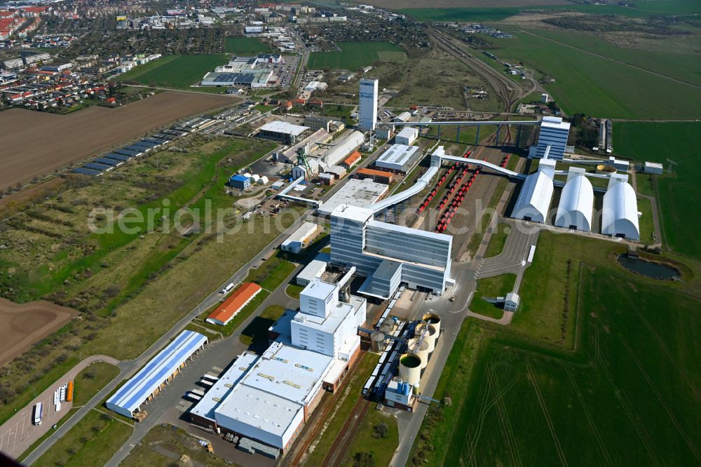 Bernburg (Saale) from above - Technical facilities in the industrial area of ESCO Bernburger Salzwerke in Bernburg (Saale) in the state Saxony-Anhalt, Germany