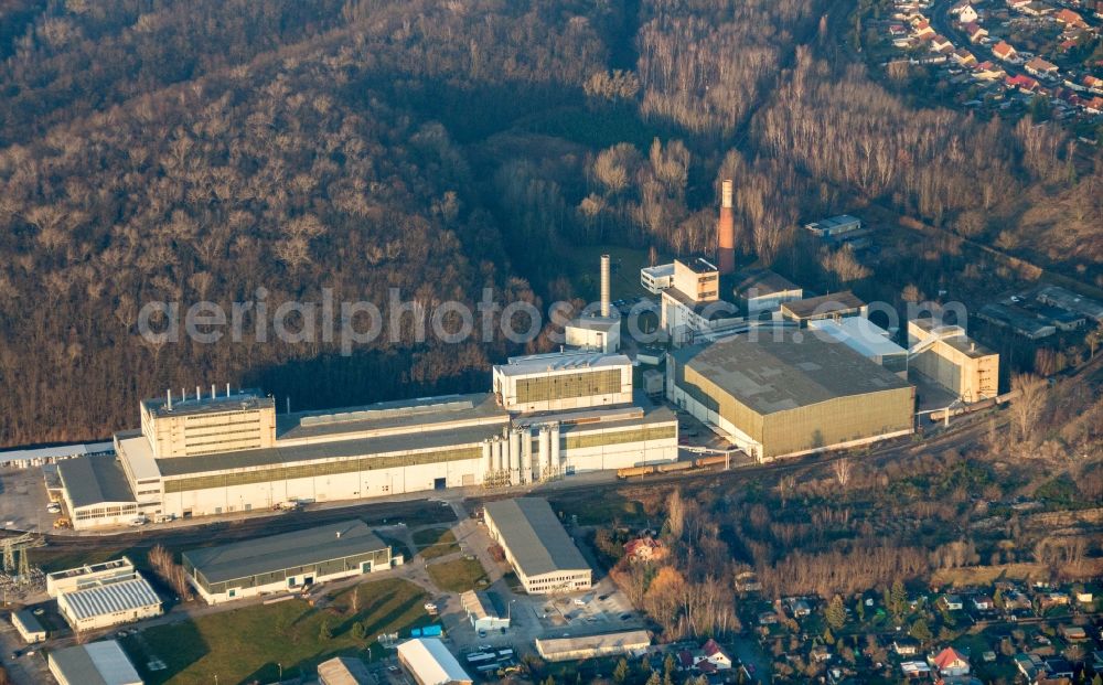 Gräfenhainichen from above - Technical facilities in the industrial area of Imerys Fused Minerals in Graefenhainichen in the state Saxony-Anhalt, Germany