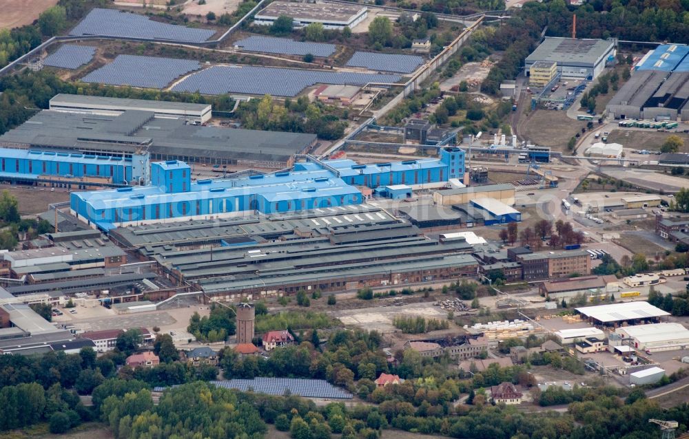 Mansfeld from above - Technical facilities in the industrial area of Mansfelof Kupfer- and Messing in Mansfeld in the state Saxony-Anhalt, Germany