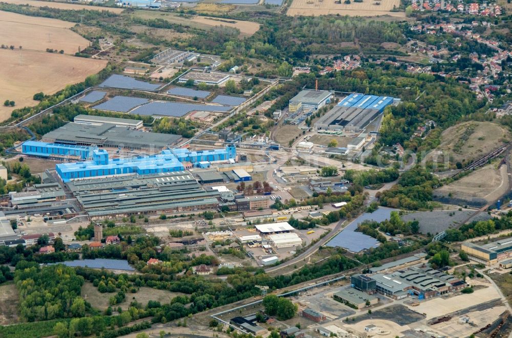 Mansfeld from the bird's eye view: Technical facilities in the industrial area of Mansfelof Kupfer- and Messing in Mansfeld in the state Saxony-Anhalt, Germany