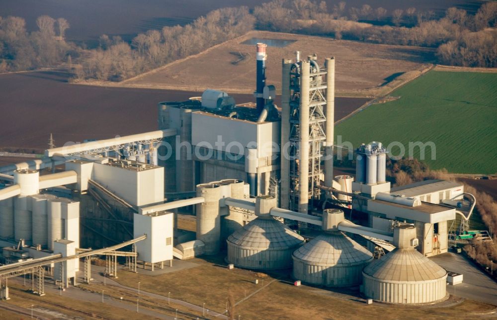 Bernburg (Saale) from above - Technical facilities in the industrial area of Schwenk Zementwerke in Bernburg (Saale) in the state Saxony-Anhalt, Germany