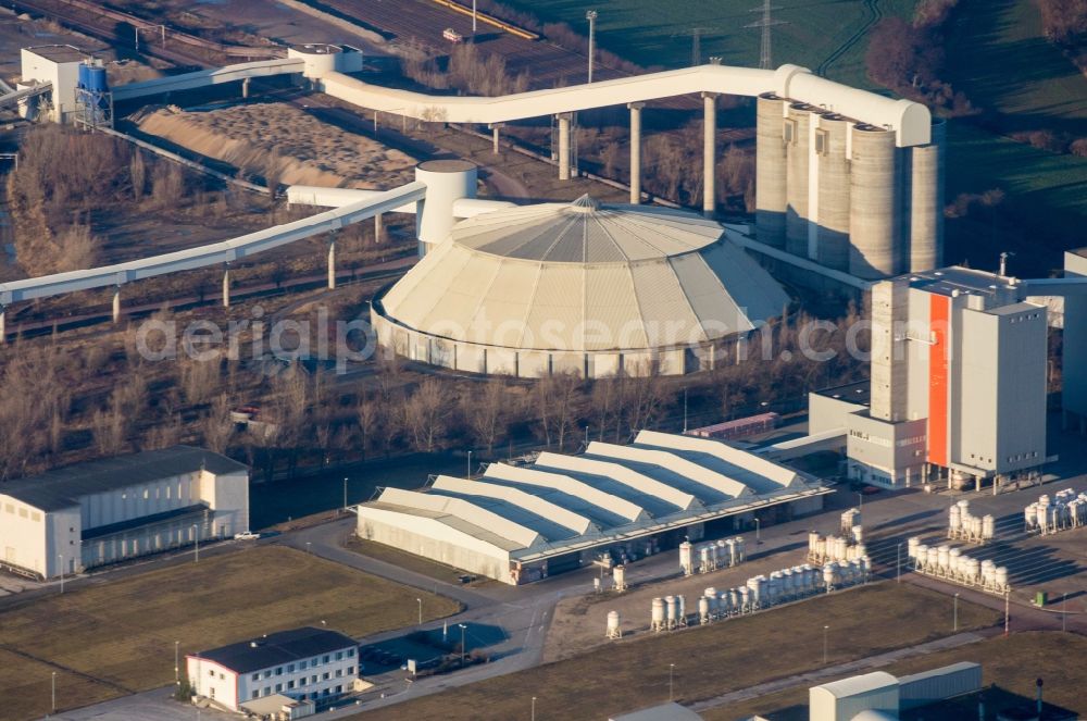 Bernburg (Saale) from above - Technical facilities in the industrial area of Schwenk Zementwerke in Bernburg (Saale) in the state Saxony-Anhalt, Germany