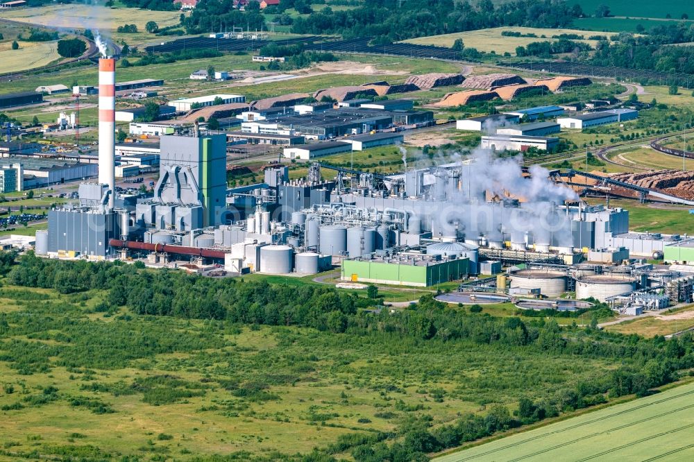 Arneburg from above - Technical equipment MERCER Stendal in the industrial area Altmark in Arneburg in the state Saxony-Anhalt, Germany