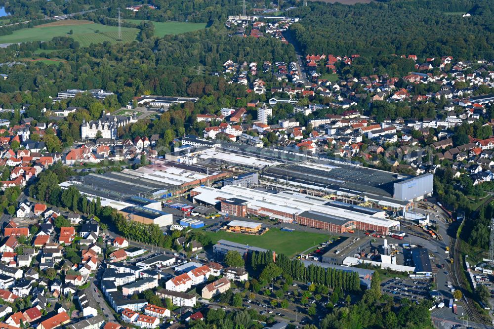 Paderborn from the bird's eye view: Technical equipment and production facilities of the steelworks BENTELER International Aktiengesellschaft on street Residenzstrasse in the district Schloss Neuhaus in Paderborn in the state North Rhine-Westphalia, Germany