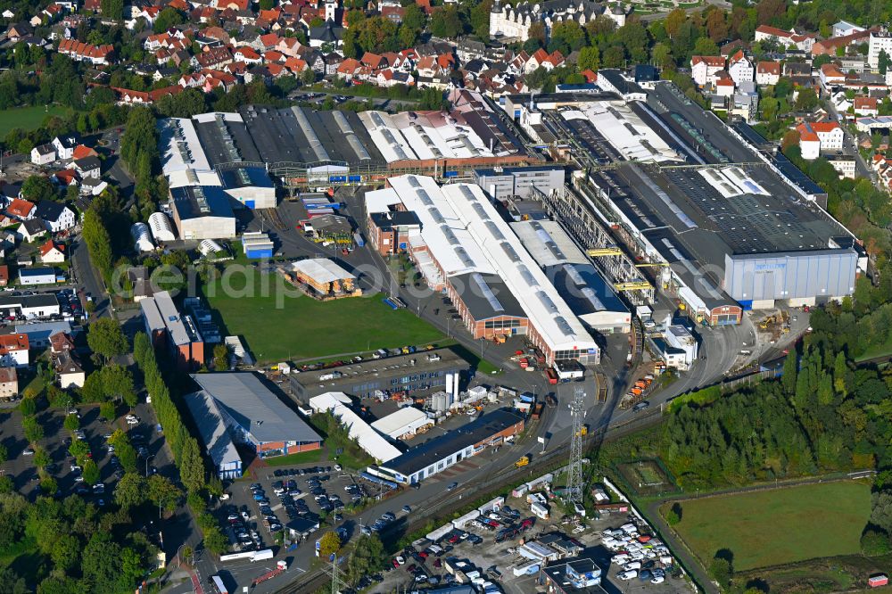 Paderborn from above - Technical equipment and production facilities of the steelworks BENTELER International Aktiengesellschaft on street Residenzstrasse in the district Schloss Neuhaus in Paderborn in the state North Rhine-Westphalia, Germany