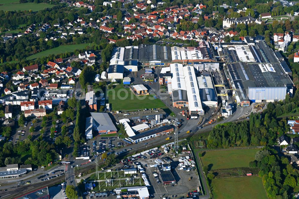 Paderborn from the bird's eye view: Technical equipment and production facilities of the steelworks BENTELER International Aktiengesellschaft on street Residenzstrasse in the district Schloss Neuhaus in Paderborn in the state North Rhine-Westphalia, Germany