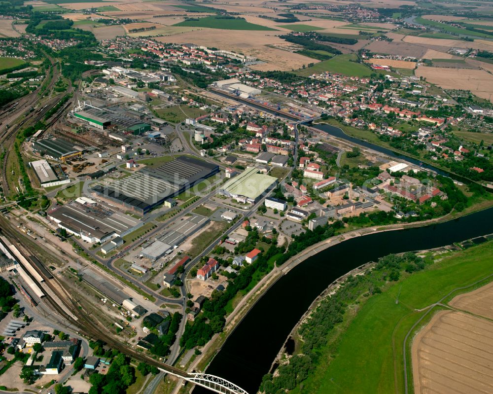 Riesa from above - Technical equipment and production facilities of the steelworks of ESF Elbe-Stahlwerke Feralpi GmbH on Groebaer Strasse in Riesa in the state Saxony, Germany