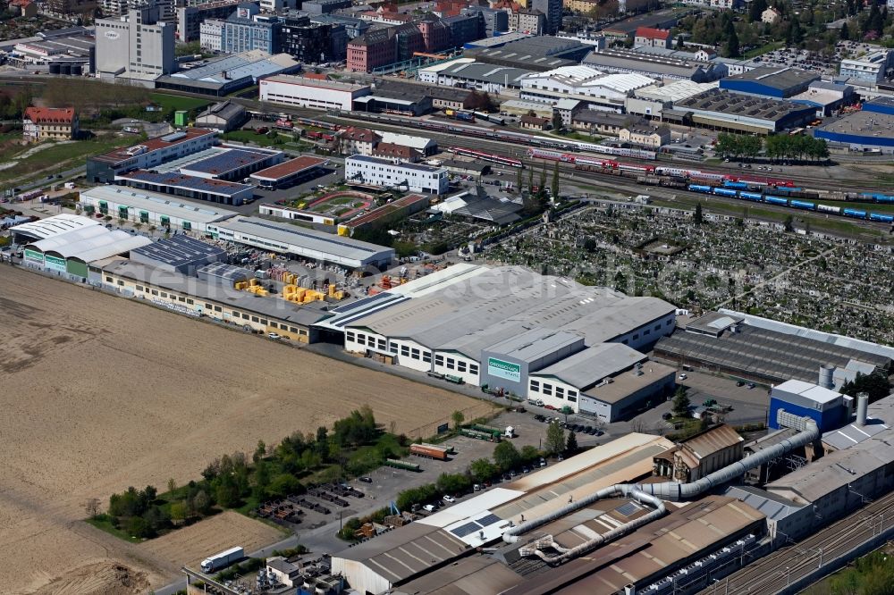 Graz from above - Technical equipment and production facilities of the steelworks Grosschaedl Stahl GmbH along Suedbahnstrasse in Graz in Steiermark, Austria