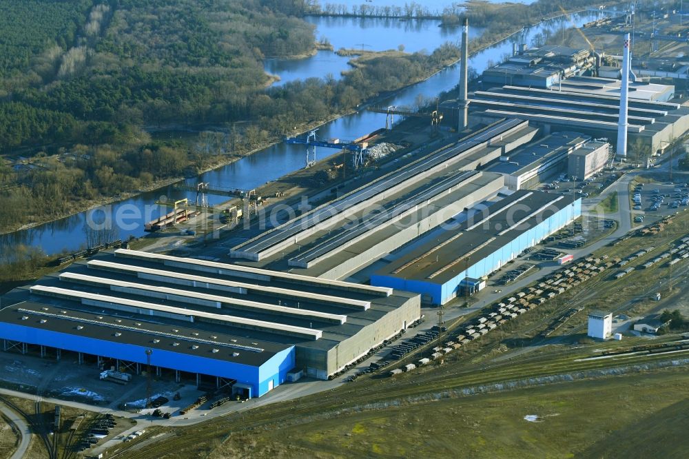 Hennigsdorf from above - Technical equipment and production facilities of the steelworks of Hennigsdorf Elektrostahl GmbH in Hennigsdorf in the state Brandenburg, Germany