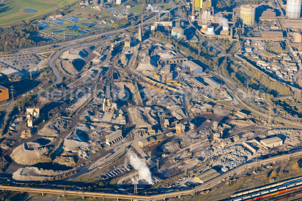 Beeckerwerth from the bird's eye view: Technical facilities and slag storage facility in the industrial area of thyssenkrupp Steel Europe AG in the Bruckhausen district of Duisburg in the federal state of North Rhine-Westphalia, Germany