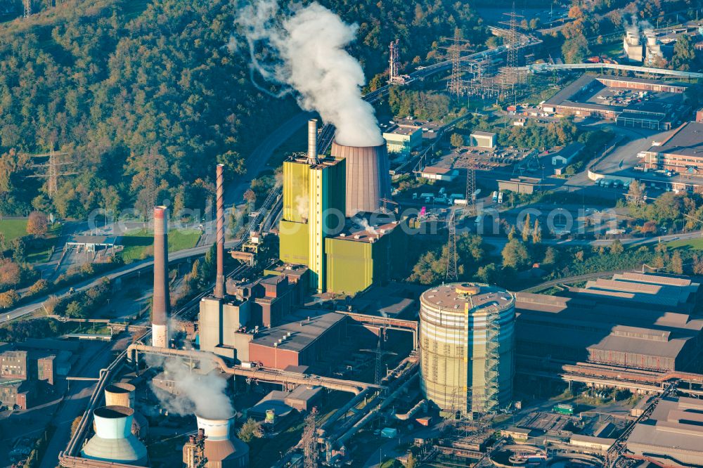 Beeckerwerth from above - Technical facilities and slag storage facility in the industrial area of thyssenkrupp Steel Europe AG in the Bruckhausen district of Duisburg in the federal state of North Rhine-Westphalia, Germany