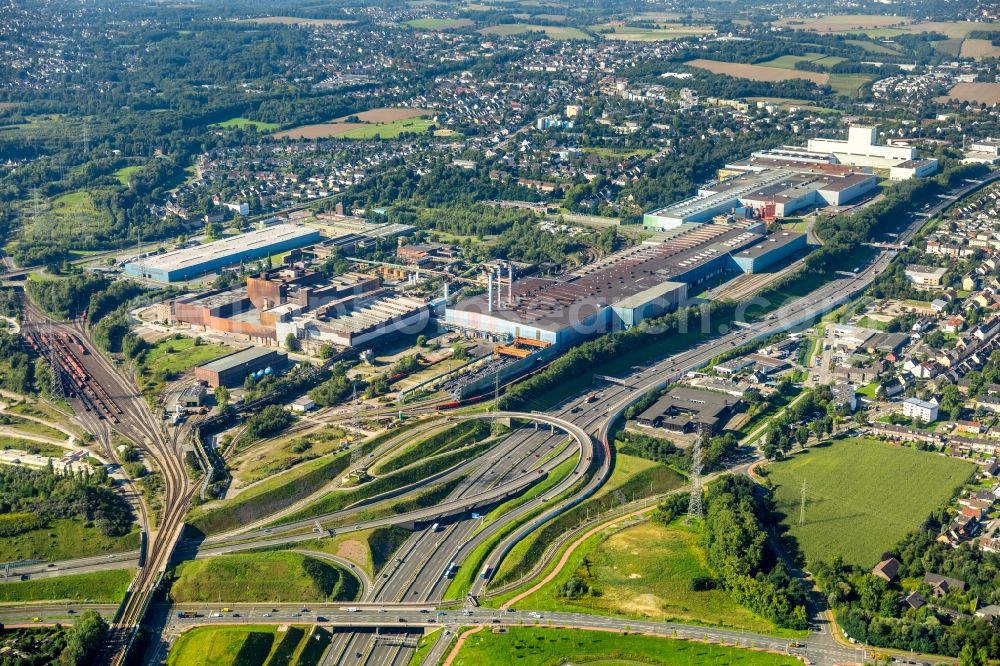 Bochum from the bird's eye view: Technical equipment and production facilities of the steelworks of thyssenkrupp Steel Europe AG along the Essener Strasse in the district Wattenscheid in Bochum in the state North Rhine-Westphalia, Germany