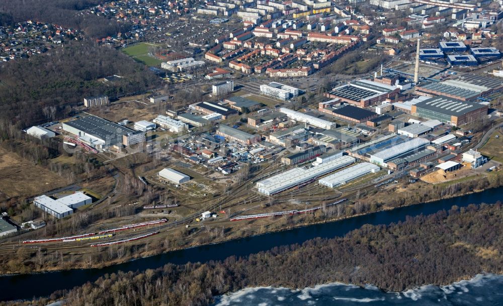 Hennigsdorf from above - Technical facilities in the industrial area of factorysanlagen of Bombadier Transportation in Hennigsdorf in the state Brandenburg, Germany