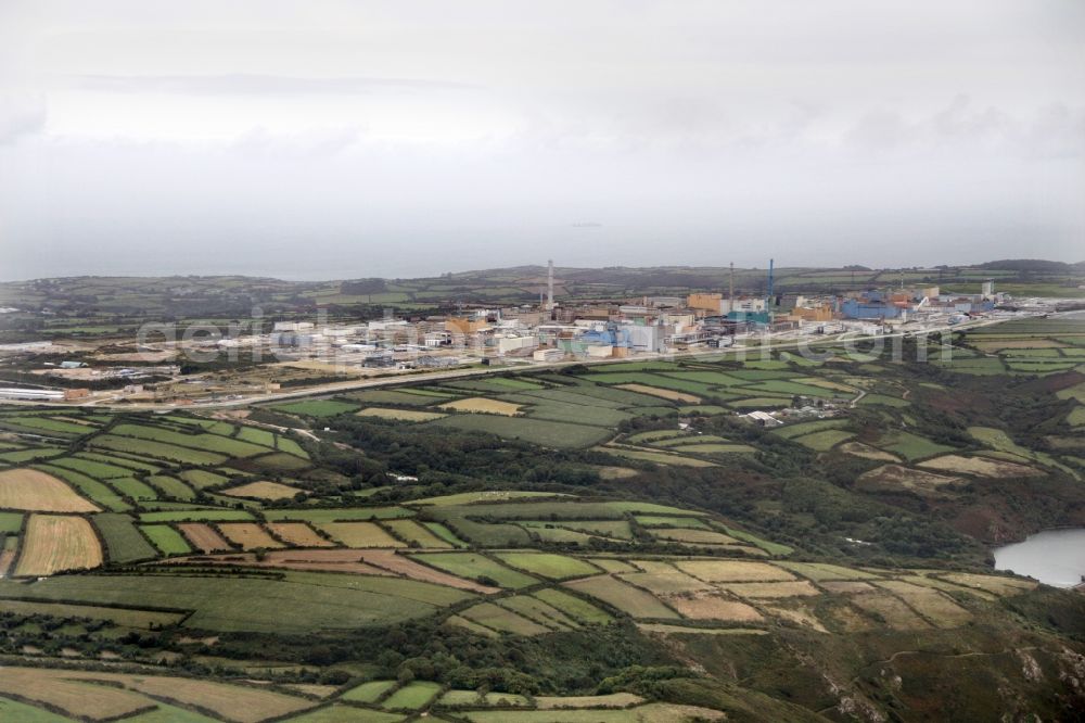 Beaumont-Hague from above - Technical equipment of the reprocessing plant for nuclear fuel Cap de la Hague in Beaumont-Hague in Normandy, France. It is an industrial complex of the COGEMA group in the area of La Hague