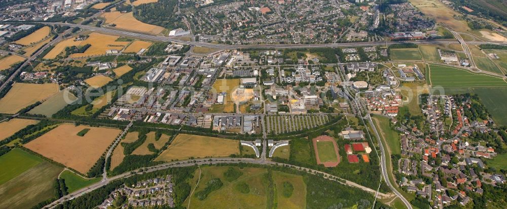 Aerial photograph Dortmund - Architectural complex of the technical university on the Emil-Figge-Strasse and Otto-Hahn-Strasse in Dortmund in North Rhine-Westphalia. The institute for Institute of robotics research at the technical university , university product marketing, Faculty of Physics, the Department of Biochemical and Chemical Engineering are among others located there