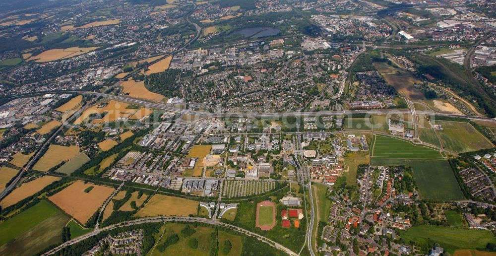 Dortmund from above - Architectural complex of the technical university on the Emil-Figge-Strasse and Otto-Hahn-Strasse in Dortmund in North Rhine-Westphalia. The institute for Institute of robotics research at the technical university , university product marketing, Faculty of Physics, the Department of Biochemical and Chemical Engineering are among others located there