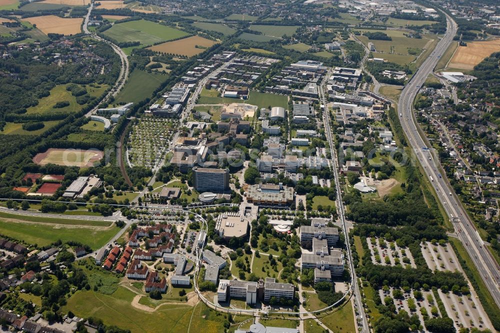 Dortmund from the bird's eye view: Architectural complex of the technical university on the Emil-Figge-Strasse and Otto-Hahn-Strasse in Dortmund in North Rhine-Westphalia. The institute for Institute of robotics research at the technical university , university product marketing, Faculty of Physics, the Department of Biochemical and Chemical Engineering are among others located there