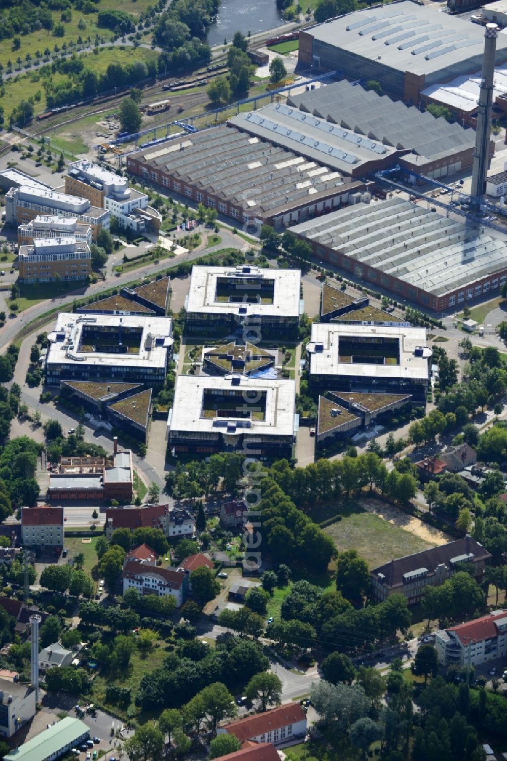 Hennigsdorf from above - Grounds of the Blue Wonder Technology Center in Hennigsdorf in Brandenburg. The technology park Hennigsdorf North offers a business park land for commercial, industrial, service and production