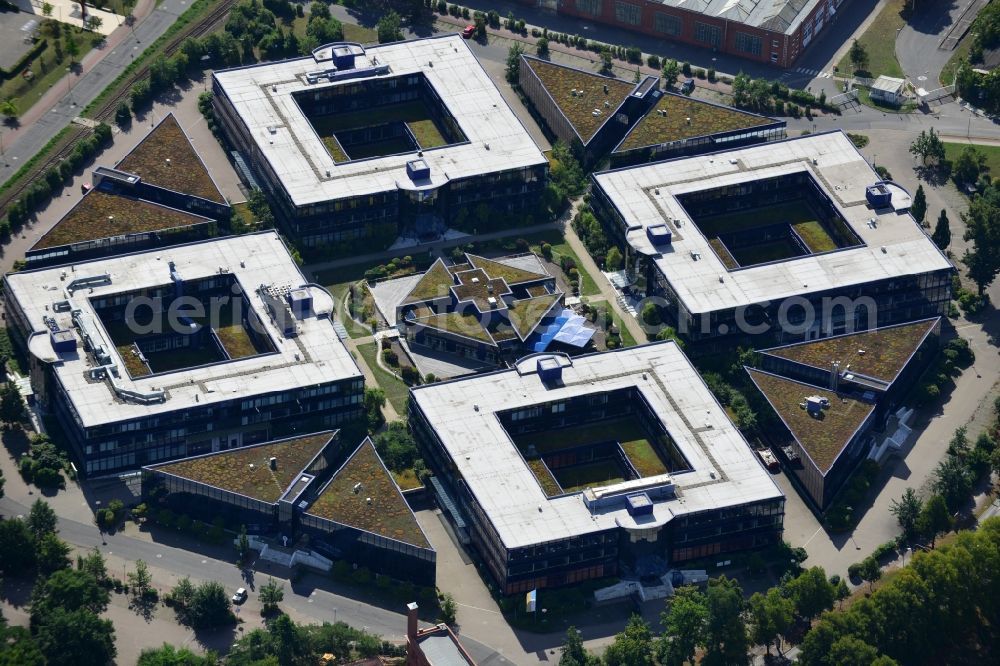 Hennigsdorf from the bird's eye view: Grounds of the Blue Wonder Technology Center in Hennigsdorf in Brandenburg. The technology park Hennigsdorf North offers a business park land for commercial, industrial, service and production