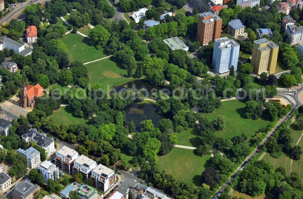 Leipzig from above - View of the pond in the Johannapark in a residential area in Leipzig in the state Saxony