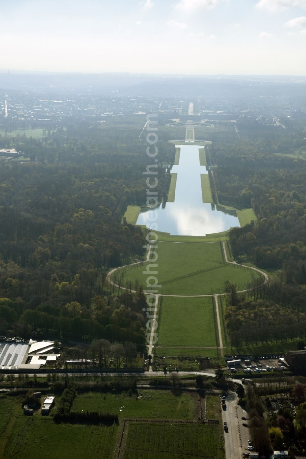 Aerial image Versailles - Lake in the park of the castle Versailles in Versailles in Ile-de-France, France