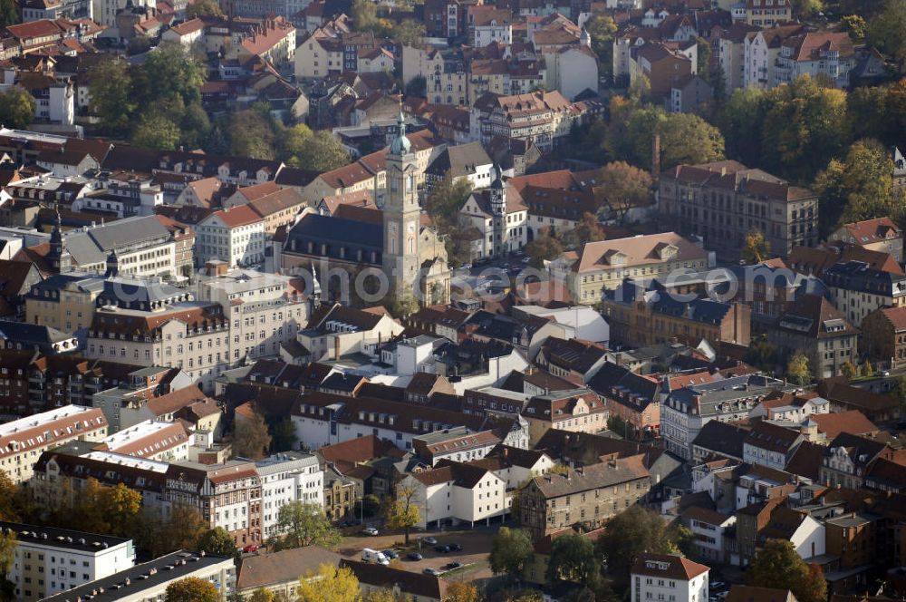 Aerial image Eisenach - Blick auf einen Teil der Stadt Eisenach mit der Georgenkirche am Marktplatz. Die Georgenkirche ist die größte und bekannteste Kirche Eisenachs. Sie wurde im 12. Jahrhundert von Ludwig III. gegründet und 1515 zu einer spätgotischen Hallenkirche umgebaut. Kontakt: Eisenach-Wartburg-Stiftung Eisenachregion Touristik GmbH, Markt 9, 99817 Eisenach, Tel. +49(0)3691 7923 0, Fax +49(0)3691 7923 20, Email: info@eisenach.info