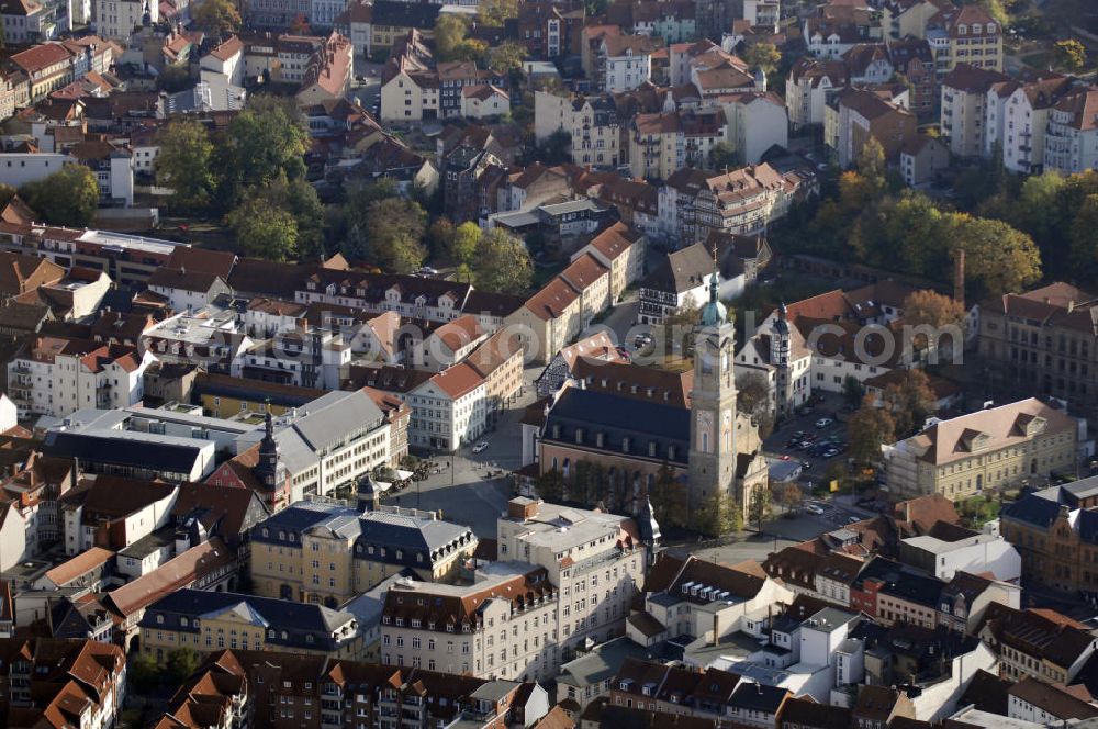 Aerial photograph Eisenach - Blick auf einen Teil der Stadt Eisenach mit der Georgenkirche am Marktplatz. Die Georgenkirche ist die größte und bekannteste Kirche Eisenachs. Sie wurde im 12. Jahrhundert von Ludwig III. gegründet und 1515 zu einer spätgotischen Hallenkirche umgebaut. Kontakt: Eisenach-Wartburg-Stiftung Eisenachregion Touristik GmbH, Markt 9, 99817 Eisenach, Tel. +49(0)3691 7923 0, Fax +49(0)3691 7923 20, Email: info@eisenach.info