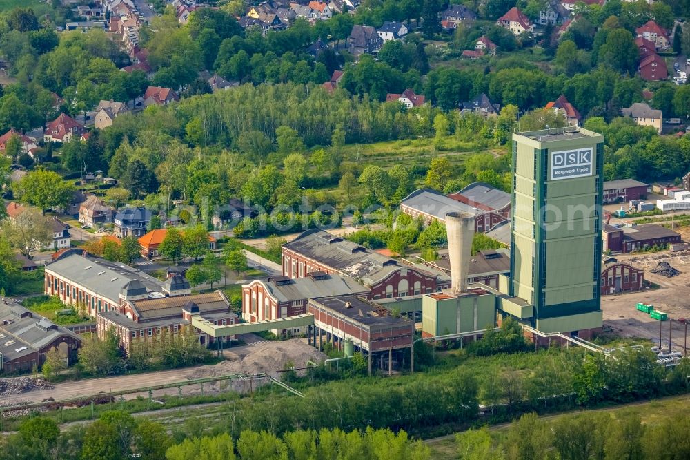 Aerial image Gelsenkirchen - Partial demolition work on the abandoned conveyor systems and mining shaft with winding tower DSK Bergwerk Lippe Zeche Westerholt in the coal mining area in the district Hassel in Gelsenkirchen in the Ruhr area in the state North Rhine-Westphalia, Germany