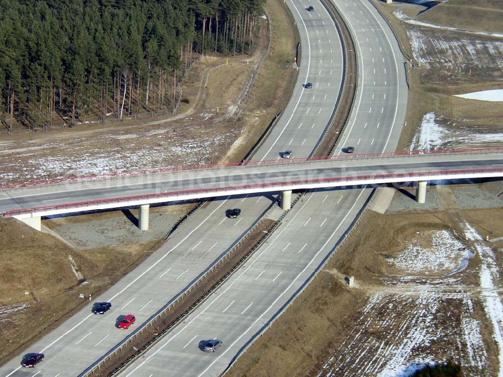 Zernsdorf/Brandenburg from the bird's eye view: Teilbereich am Autobahndreieck Spreeau am südlichen Berliner Ring im Bundesland Brandenburg Pilot: Grahn