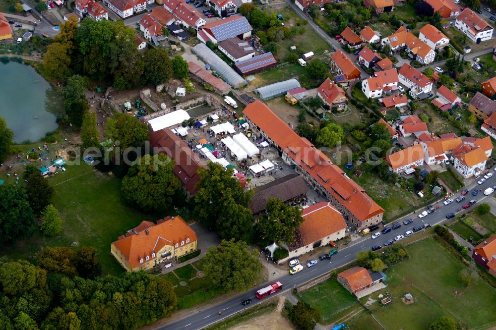 Waake from above - Participants at the event area of ersten Suedniedersachsentage in Waake in the state Lower Saxony, Germany