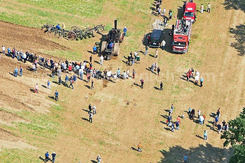 Aerial image Friedersdorf - Participants at the event area 5.FRIEDERSDORFER DAMPFPFLUeGEN On fields and arable land in Friedersdorf in the state Brandenburg, Germany