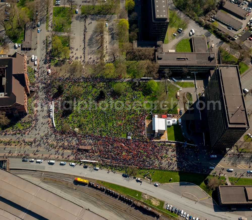 Duisburg from above - Participants in a demonstration for steel action of IG Metall in front of the Thyssen Krupp Steel headquarters in Duisburg - Bruck home in Duisburg in North Rhine -Westphalia