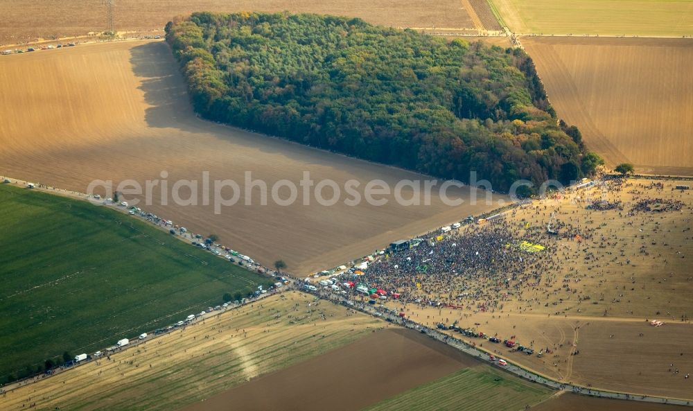 Aerial image Hambach - Participant of a political protest demonstration against the clearing of the forest Hambacher Forst in Hambach in the state North Rhine-Westphalia, Germany