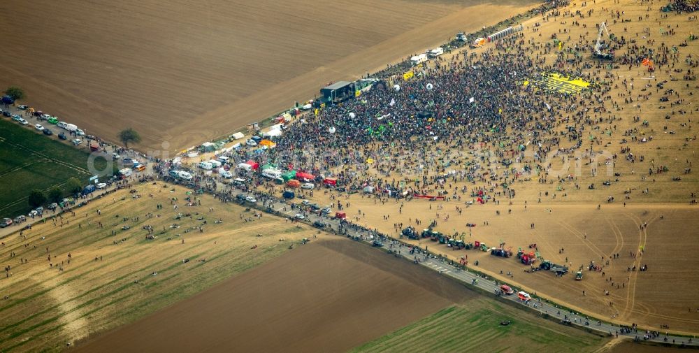 Aerial photograph Hambach - Participant of a political protest demonstration against the clearing of the forest Hambacher Forst in Hambach in the state North Rhine-Westphalia, Germany