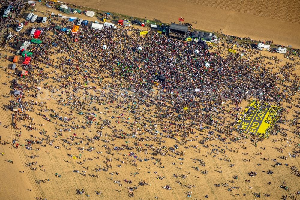 Hambach from the bird's eye view: Participant of a political protest demonstration against the clearing of the forest Hambacher Forst in Hambach in the state North Rhine-Westphalia, Germany