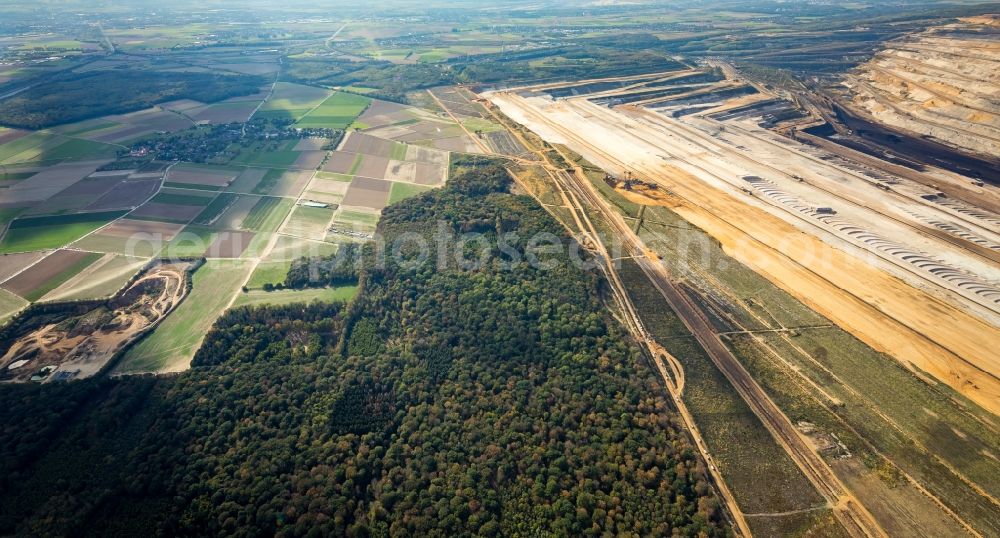 Hambach from above - Participant of a political protest demonstration against the clearing of the forest Hambacher Forst in Hambach in the state North Rhine-Westphalia, Germany