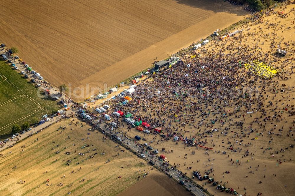 Hambach from the bird's eye view: Participant of a political protest demonstration against the clearing of the forest Hambacher Forst in Hambach in the state North Rhine-Westphalia, Germany