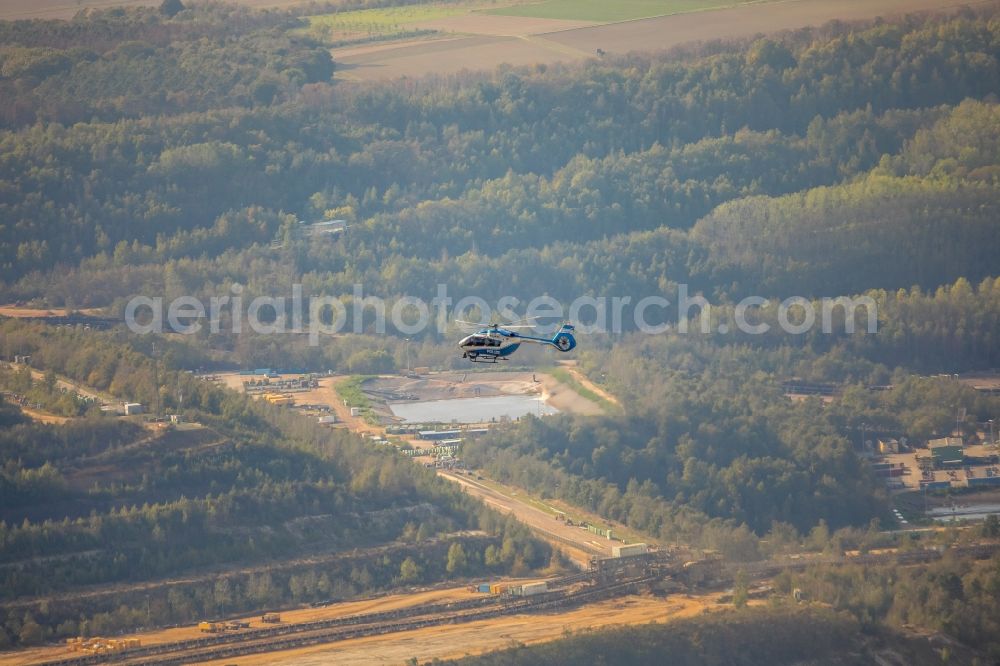 Aerial photograph Hambach - Participant of a political protest demonstration against the clearing of the forest Hambacher Forst in Hambach in the state North Rhine-Westphalia, Germany